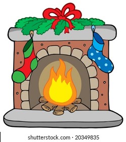 Christmas fireplace with stockings - vector illustration.