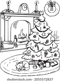 Christmas fireplace with a tree. For coloring. Merry Christmas.