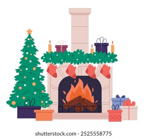 Christmas fireplace with a tree and gifts.Vector cartoon illustration of cozy home interior with Xmas tree decorated with toys and garland, gift boxes on floor