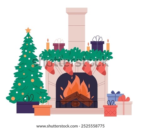 Christmas fireplace with a tree and gifts.Vector cartoon illustration of cozy home interior with Xmas tree decorated with toys and garland, gift boxes on floor