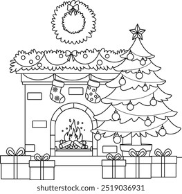 Christmas Fireplace And Christmas Tree Outline Coloring Page