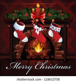Christmas fireplace vector illustration.