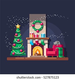 Christmas fireplace. Vector illustration.