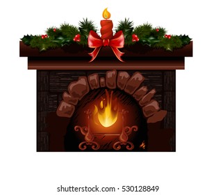 Christmas fireplace vector illustration with fir tree candle decoration.