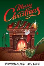 Christmas Fireplace. Vector Illustration For A Poster Or Greeting Card