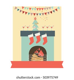 Christmas fireplace. Vector illustration. Christmas stocking hanging on the fireplace.