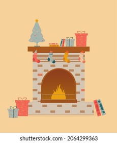 Imagen vectorial de la chimenea de Navidad. Navidad interior, árbol, chimenea y regalos. Acogedora temporada de invierno. Ilustración y tipografía navideña. Vector. Aislado.