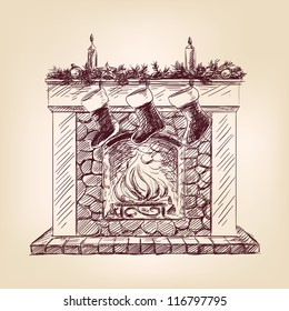 Christmas fireplace vintage hand drawn vector illustration