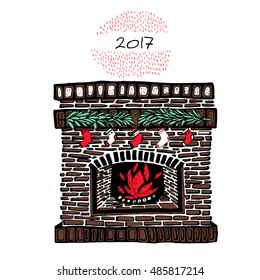 Christmas fireplace vintage hand drawn vector illustration. Card