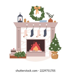 Christmas fireplace with Xmas decoration. Home hearth, winter fireside with fire, stockings, wreath, holiday tree and candles on mantelpiece. Flat vector illustration isolated on white background