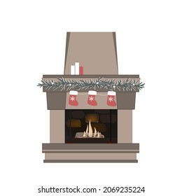 Christmas fireplace. Xmas and fire, home decoration design element, interior for celebration. Flat vector cartoon illustration isolated on a white background.
