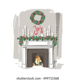 Christmas fireplace. Xmas and fire, home decoration, interior for celebration vintage vector isolated sketch hand drown