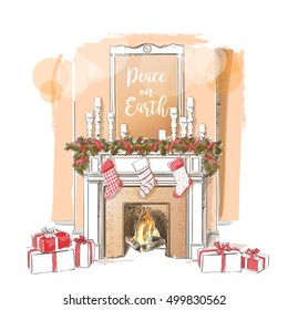 Christmas fireplace. Xmas and fire, home decoration, interior for celebration vintage vector isolated sketch hand drown