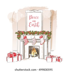 Christmas fireplace. Xmas and fire, home decoration, interior for celebration vintage vector isolated sketch hand drown