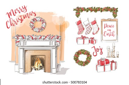 Christmas fireplace. Xmas and fire, home decoration, interior for celebration vintage vector isolated sketch hand drown