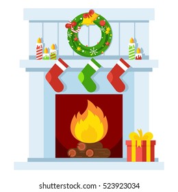Christmas fireplace. Xmas and fire, home decoration, interior for celebration. Flat vector cartoon illustration. Objects isolated on a white background.