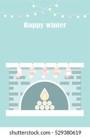 Christmas fireplace. Xmas and fire, home decoration, interior for celebration, flat vector illustration