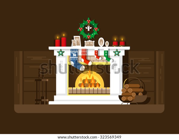 Christmas Fireplace Xmas Fire Home Decoration Stock Vector