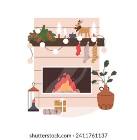 Chimenea de Navidad. Chimenea de Navidad, decoración de chimenea con adornos festivos. Hornos caseros con regalos de invierno, medias, decoración. Ilustración vectorial plana aislada en fondo blanco