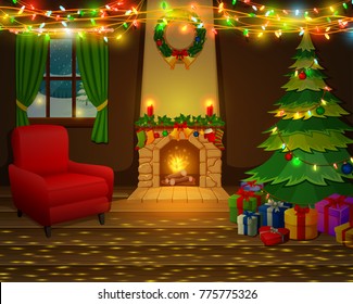 Christmas fireplace with xmas tree, presents and armchair