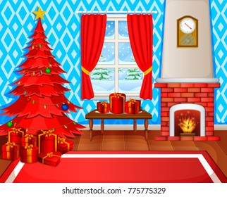 Christmas fireplace with xmas tree, presents and armchair