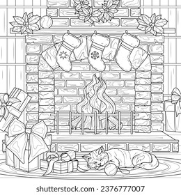 Christmas fireplace.Coloring book antistress for children and adults. Illustration isolated on white background.Zen-tangle style. Hand draw