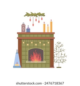 Christmas fireplaces with candles, for decoration, flat cartoon vector illustration. Home fire places with garland lights, lamps Xmas decoration. Warm cozy winter holiday decor mantelpiece