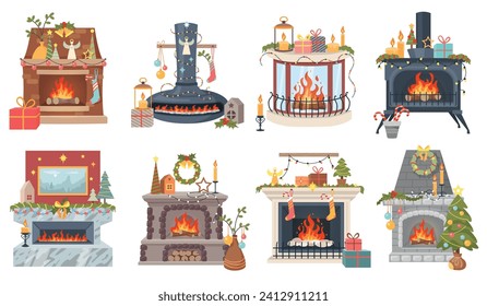 Christmas fireplaces. Decorated interior elements. Home hearths with festive garlands. Holiday glass balls. Fir trees. Gifts socks or boxes. Xmas light. Household furnace
