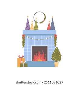 Christmas fireplaces with New Year trees, decor for winter holidays celebration. Home fire places with garland lights, Christmas wreath. Warm cozy mantelpiece flat cartoon vector illustration