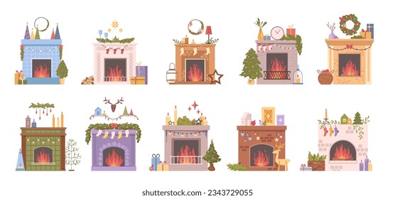 Christmas fireplaces set, flat cartoon vector illustration. Home fire places with socks, stockings, gifts, candles Xmas decoration. Warm cozy winter holiday decor with mantelpieces, firewoods