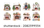 Christmas fireplaces set. Home fire places with socks, stockings, gifts, candles, firs and Xmas decoration. Warm cozy hearths with winter holiday decor. Flat vector illustrations isolated on white