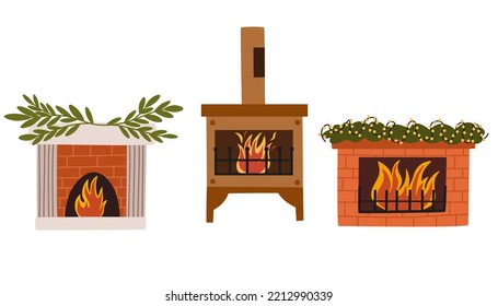 Christmas fireplaces Set. Home fireplaces with socks, stockings, gifts, candles, firs and Xmas decoration. Warm cozy hearths with winter holiday decor. Flat vector illustrations isolated on white