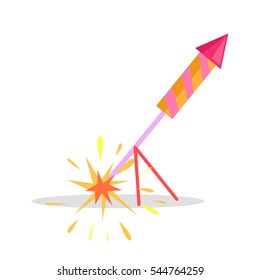 Christmas firework rocket isolated vector icon on stand on white background. Colourful sky kind of pyrotechnics with fire for celebrating New Year and Christmas holidays and parties in cartoon style