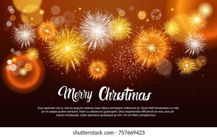 Christmas Fireworks Bursting And Sparkling Against Night Background Happy New Year Banner Vector Illustration