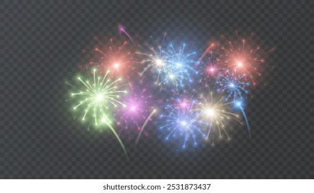 Christmas fireworks. Colorful explosion of multicolored bright firework lights isolated on transparent background. Vector