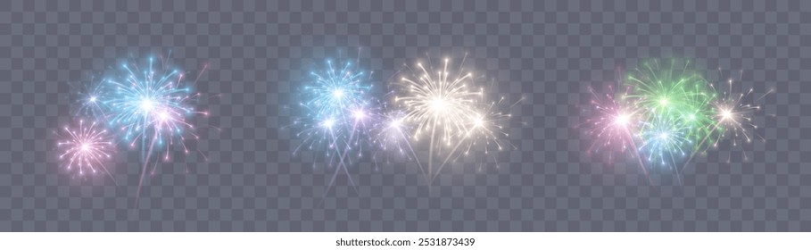 Christmas fireworks. Colorful explosion of multicolored bright firework lights isolated on transparent background. Vector