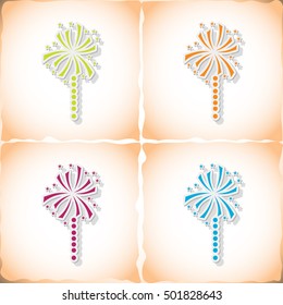Christmas fireworks. Flat sticker with shadow on old paper