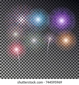 Christmas fireworks light effect isolated on dark background. Realistic firework decoration for New Year, Party, Birthday. Firecracker vector illustration.