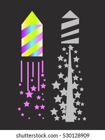 Fuegos artificiales de Navidad en un ícono de fondo oscuro con petardos rotos, estrellas. Celebración del festival y fiesta.