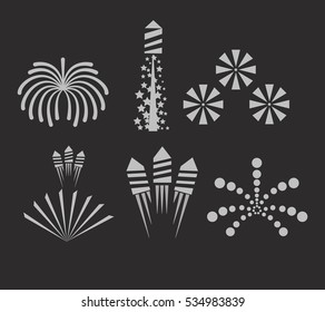 Christmas fireworks on dark background icon set with burst petard, stars. Festival celebrate and party. Vector illustration.