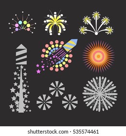 Christmas fireworks on dark background icon set with burst petard, stars. Festival celebrate and party. Vector illustration.