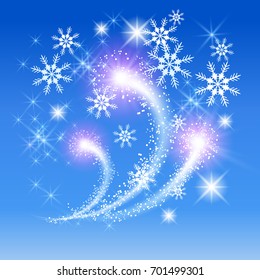 Christmas fireworks. Snowflakes and salute in the  magical  blue background.