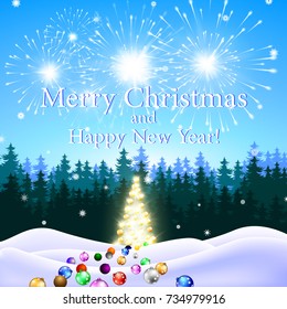Christmas fireworks and a Christmas tree with toys against the background of a snow-covered forest