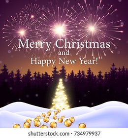 Christmas fireworks and a Christmas tree with toys against the background of a snow-covered forest