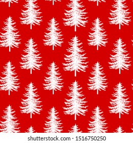 Christmas firs seamless pattern. New year hand drawn wrapping paper design, noel watercolor print, winter holiday decoration, red christmas trees background, wallpaper ornament