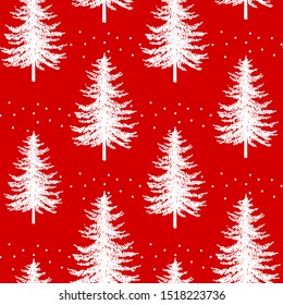 Christmas firs seamless pattern. New year  wrapping paper design, noel watercolor winter holiday decoration, red christmas trees background