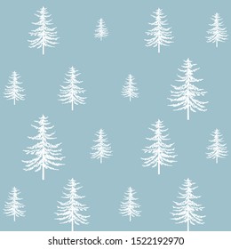 Christmas firs seamless pattern. New year hand drawing graphic fir background, noel watercolor vector print, winter holiday decoration, white on blue christmas trees background