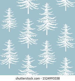 Christmas firs seamless pattern. New year hand drawing graphic fir background, noel watercolor vector print, winter holiday decoration, white on blue christmas trees background