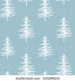 Christmas firs seamless pattern. New year hand drawing graphic fir background, noel watercolor vector print, winter holiday decoration, white on blue christmas trees background