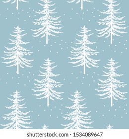 Christmas firs seamless pattern. New year hand drawing graphic fir background, noel watercolor vector print, winter holiday decoration, white on blue christmas trees background Christmas firs seamless pattern. New year hand drawing graphic fir background, noel watercolor vector print, winter holiday decoration, white on blue christmas trees background